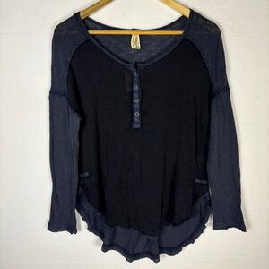 We The Free Two-Tone Long Sleeve Henley Tee in Black and Navy